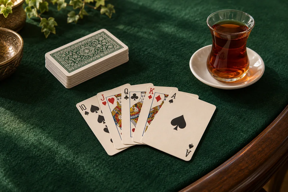 Yeşil çuhada iskambil kartları ve ince belli bir bardak çay